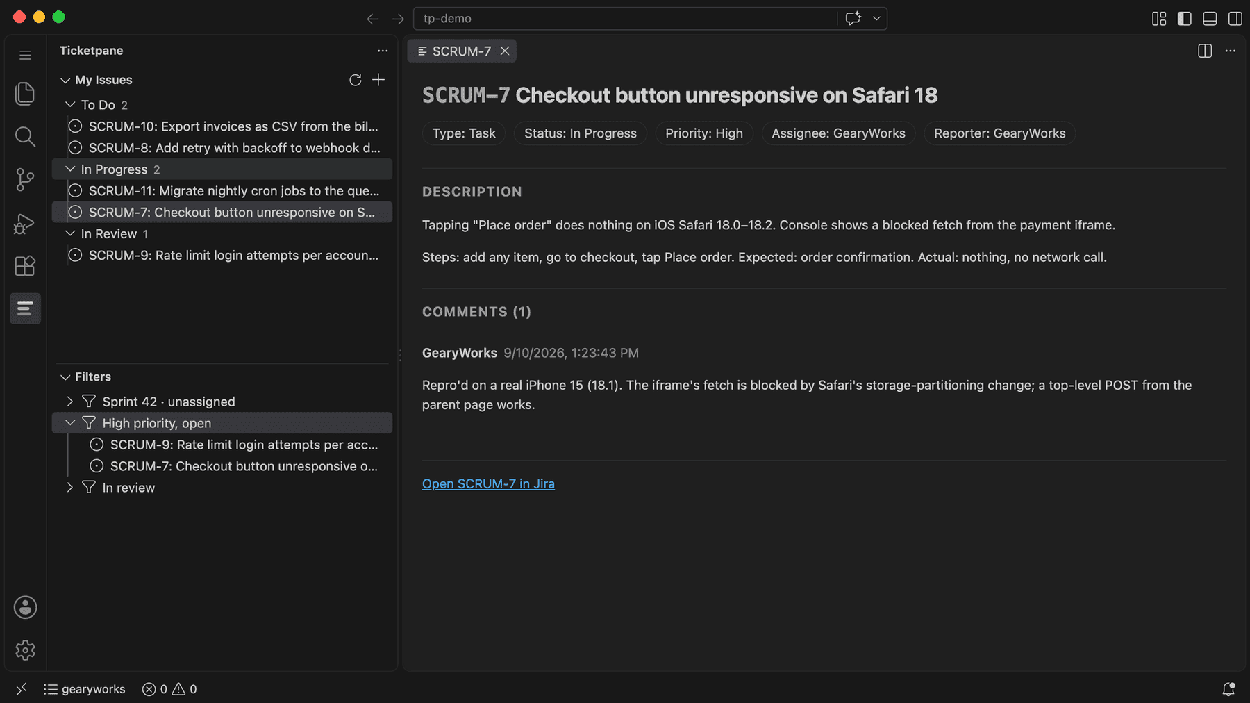 VS Code with the Ticketpane sidebar open: My Issues grouped by To Do, In Progress and In Review, saved filters below, and issue SCRUM-7 open in the editor showing its status, priority, description and a comment.