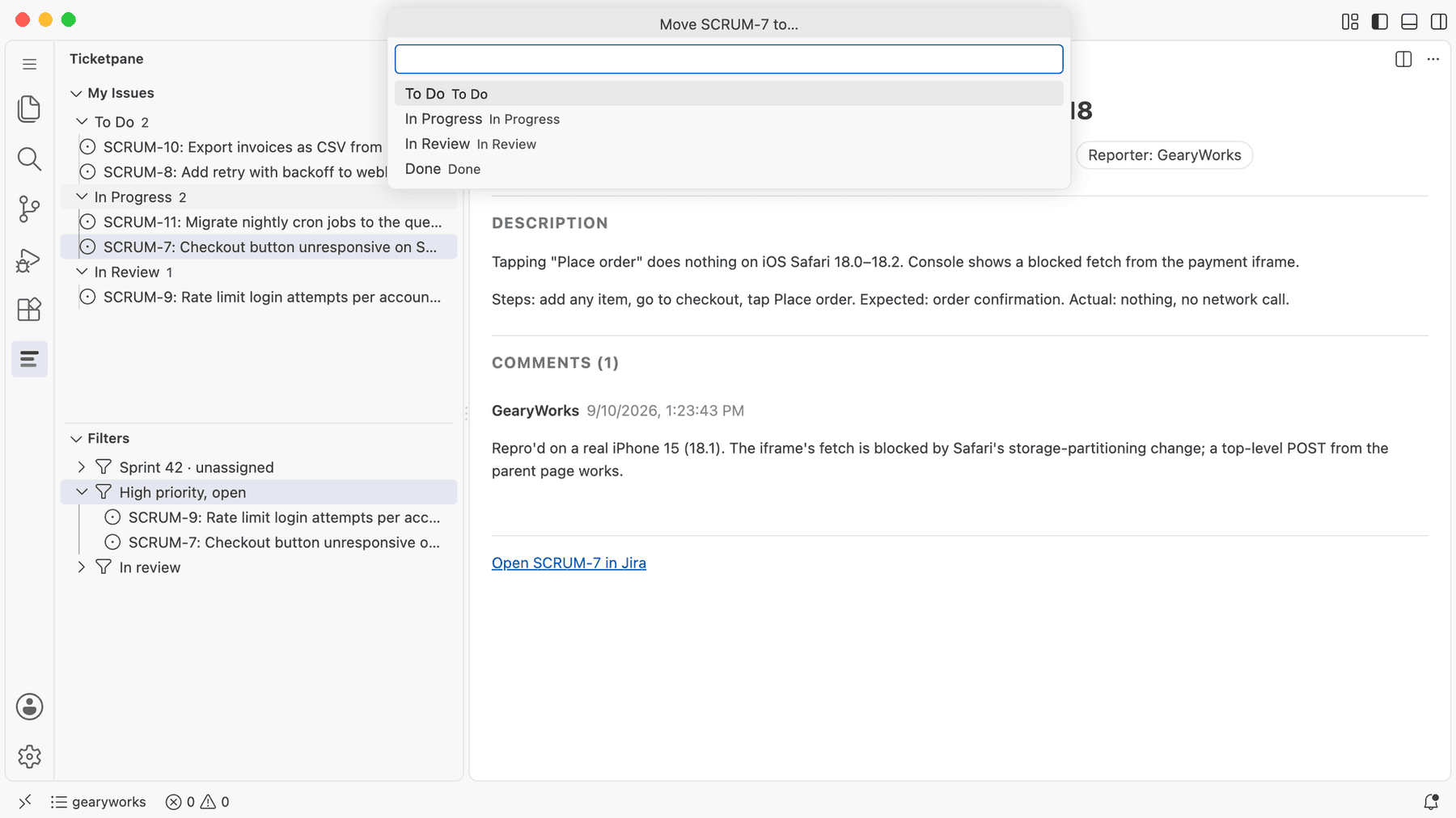 VS Code in the light theme with the Ticketpane transition picker open, titled Move SCRUM-7 to, listing To Do, In Progress, In Review and Done.